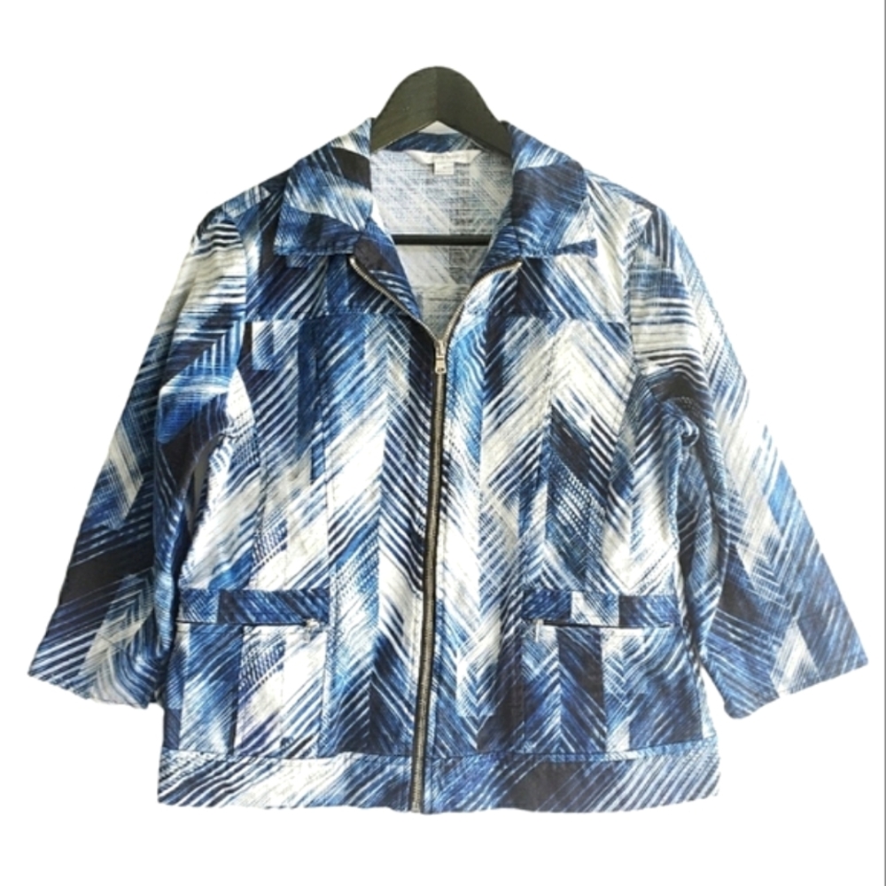 Erin London Blazer Size S‎ Blue White Abstract Print 3/4 Sleeve Full Zip Jacket
